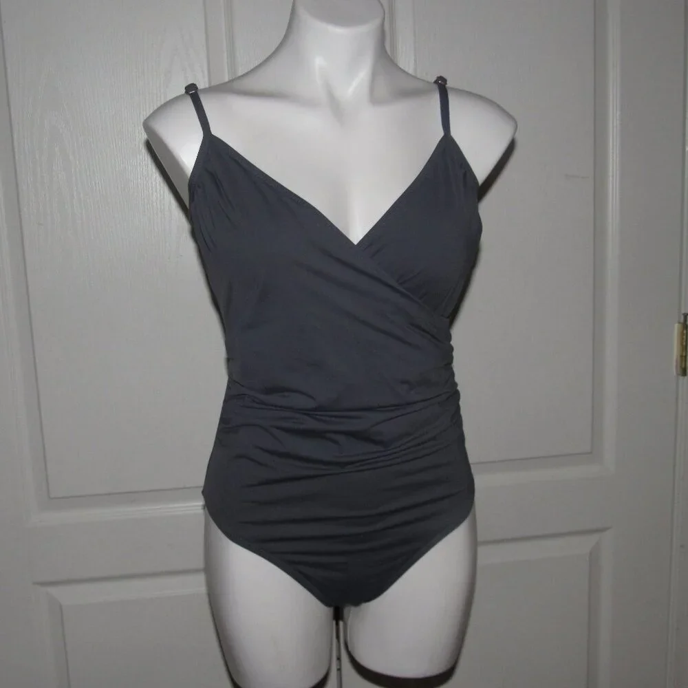 Garnet Hill Charcoal Gray Wrap One-Piece Swimsuit | Size 8 Chic Coastal Travel